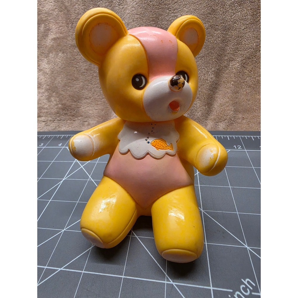 Vintage Rubber Squeak Toy Yellow Bear Pink Swimsuit Fish Bib Made in Korea